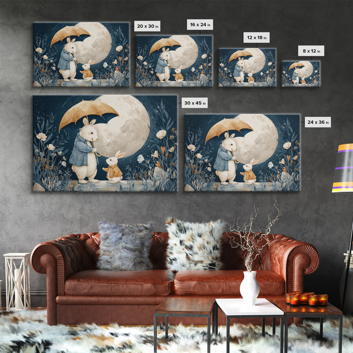 Bear and Rabbit Sharing Umbrella Canvas Print, Nursery Art, Digital Download Art, Nursery Decor, Nursery, Whimsical Wall Art, NUR-3x2-21