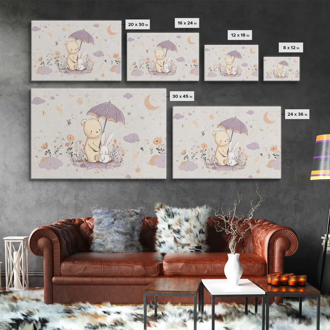 Bear and Rabbit Sharing Umbrella Framed Canvas Print, Nursery Art, Playroom Wall Art, Nursery Decor, Fine Art, Nursery, NUR-3x2-45