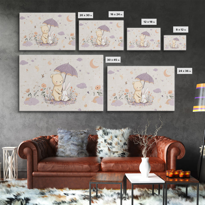 Bear and Rabbit Sharing Umbrella Framed Canvas Print, Nursery Art, Playroom Wall Art, Nursery Decor, Fine Art, Nursery, NUR-3x2-45