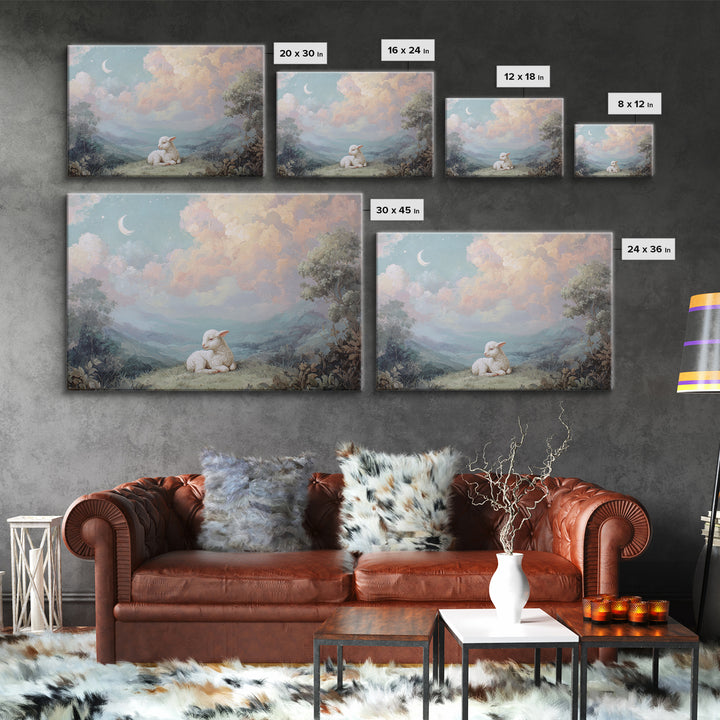 Little Lamb under a Starry Sky Framed Canvas Print, Nursery Art, Room Decor, Nursery Decor, Oil Painting, Nursery, NUR-3x2-47