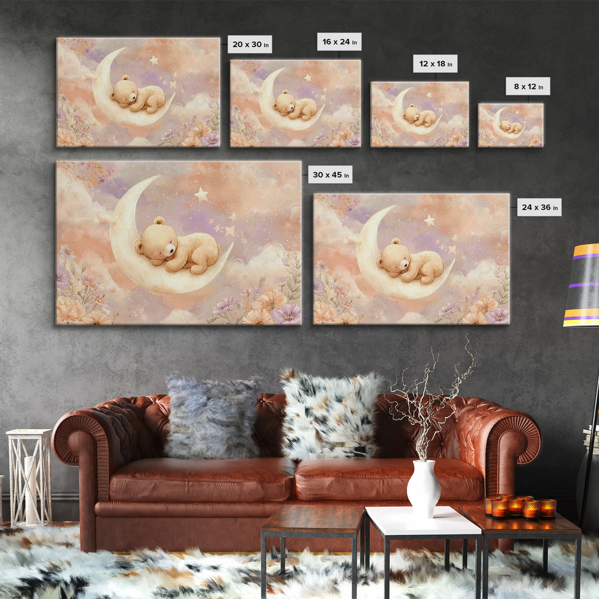 Baby Bear Floating on a Crescent Moon Canvas Print, Nursery Art, Digital Download Art, Nursery Decor, Watercolor Art, Nursery, NUR-3x2-58