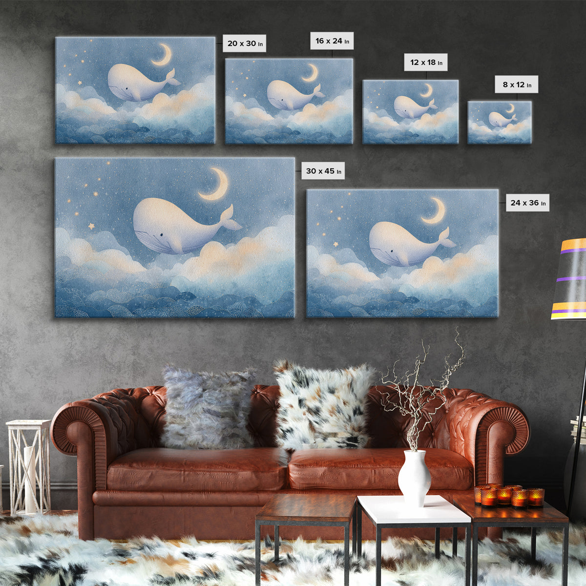 Whale and Tiny Stars Framed Canvas Print, Nursery Art, Whimsical Wall Art, Nursery Decor, Fine Art, Nursery, Minimalist Decor, NUR-3x2-60
