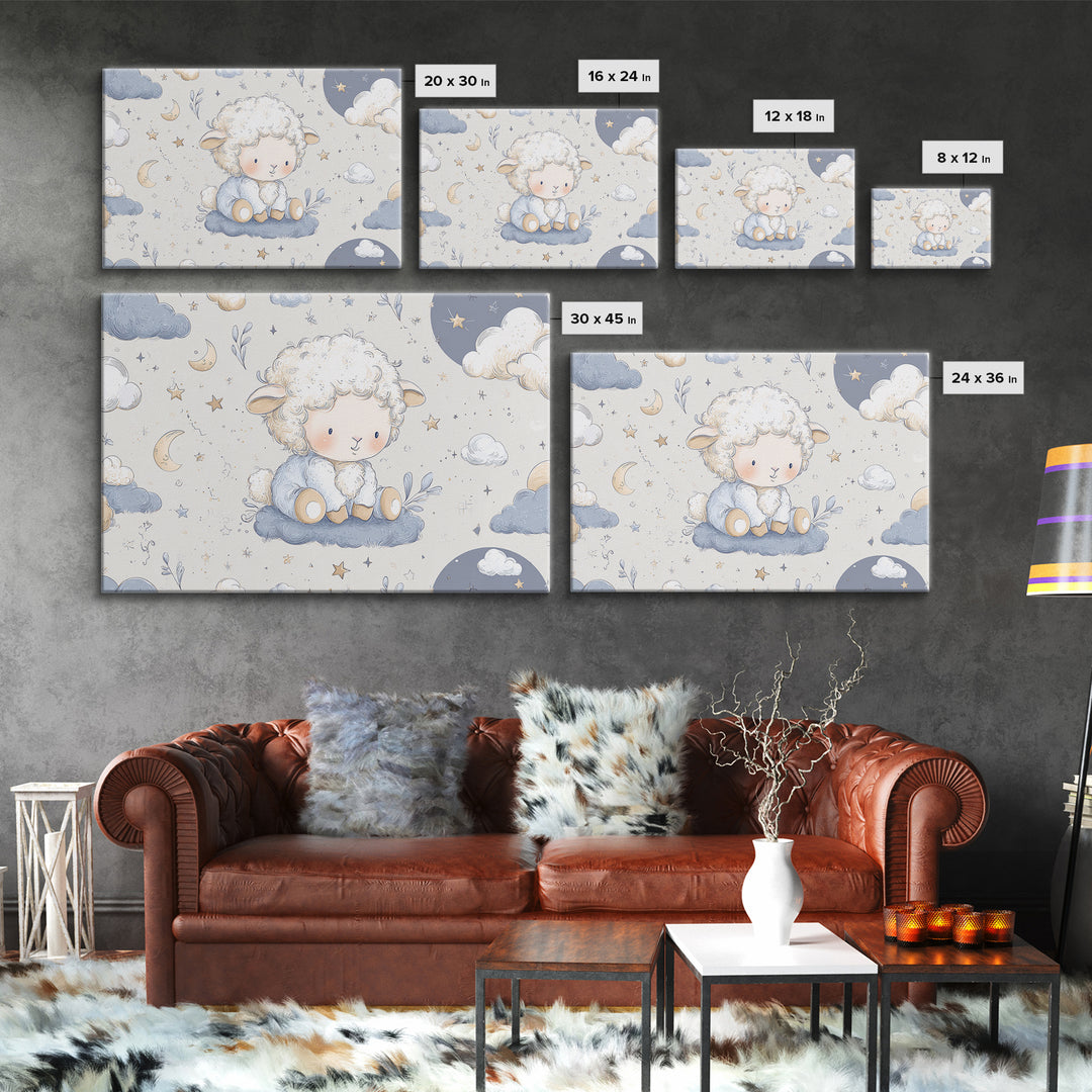 Little Lamb under a Starry Sky Framed Canvas Print, Nursery Art, Kids Wall Art, Nursery Decor, Watercolor Art, Nursery, NUR-3x2-71