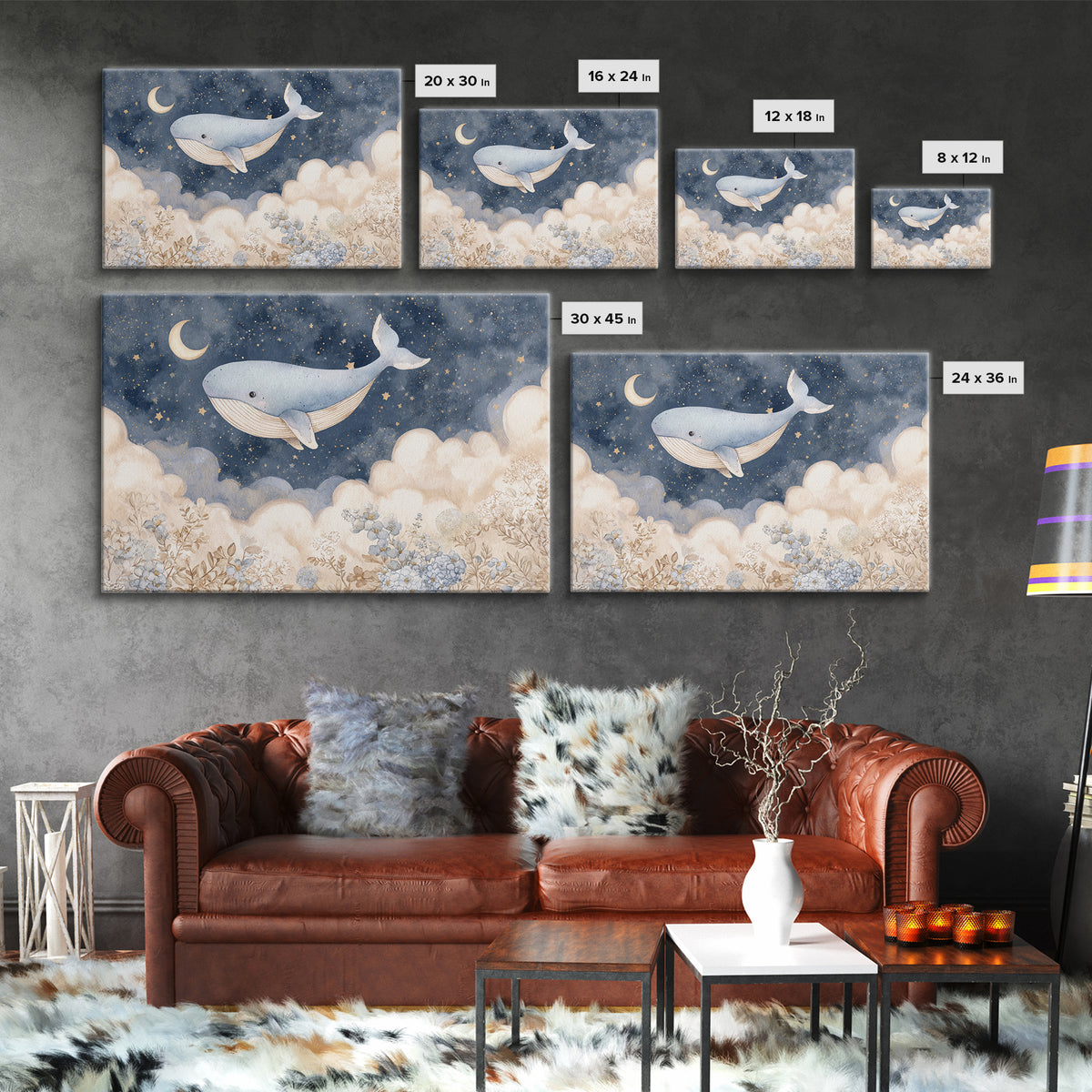 Whale and Tiny Stars Canvas Print, Nursery Art, Statement Artwork, Nursery Decor, Fine Art, Nursery, Printable Wall Art, NUR-3x2-84