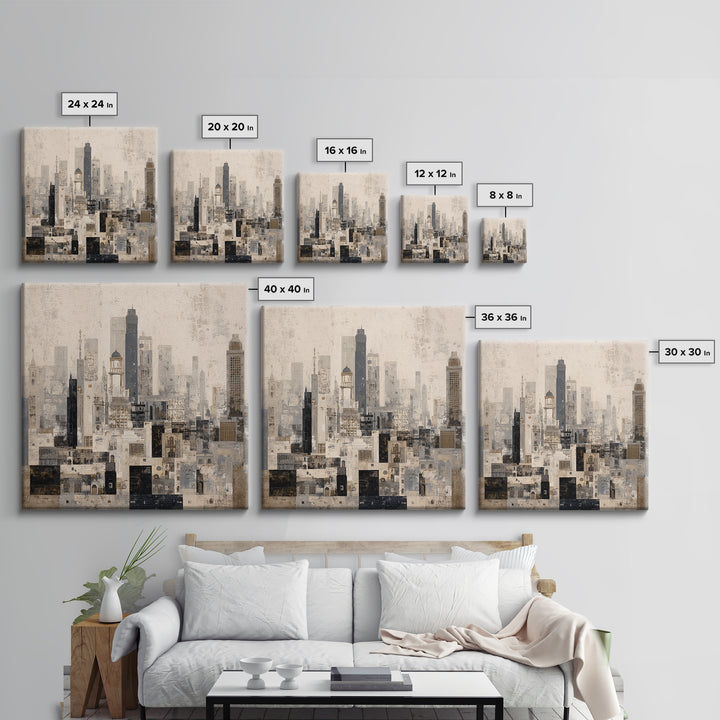 Black and White City Skyline Silhouette Canvas Print, Office Art, Downloadable Prints, Office Decor, Abstract Art, Focus, OFF-1x1-5