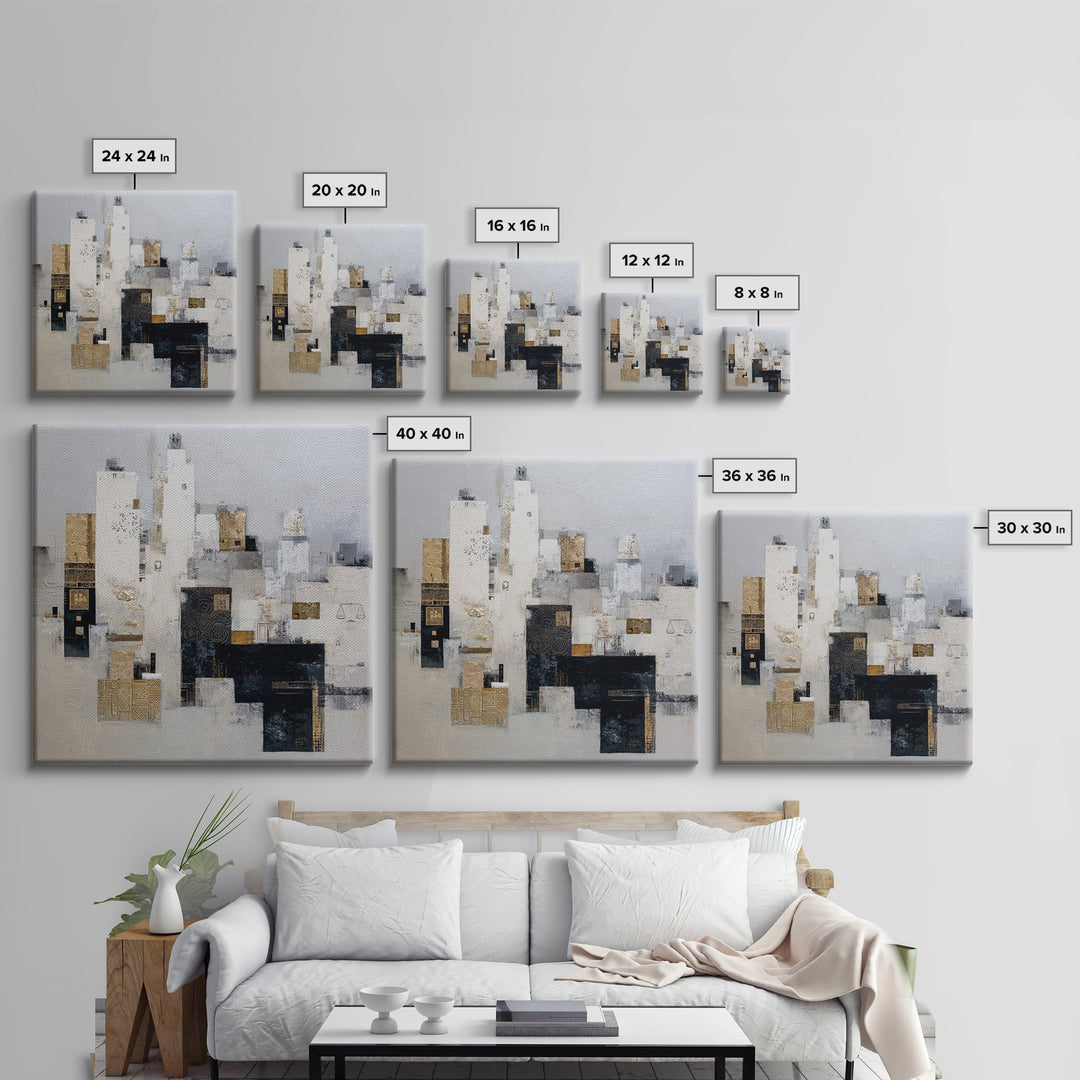 Black and White City Skyline Silhouette Framed Canvas Print, Office Art, Fine Art Print, Office Decor, Abstract Art, Focus, OFF-1x1-53