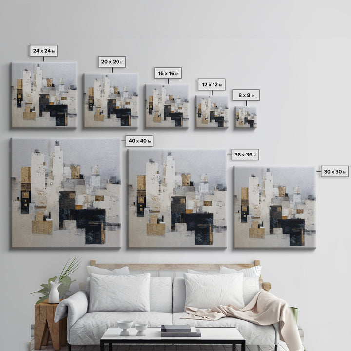 Black and White City Skyline Silhouette Framed Canvas Print, Office Art, Fine Art Print, Office Decor, Abstract Art, Focus, OFF-1x1-53