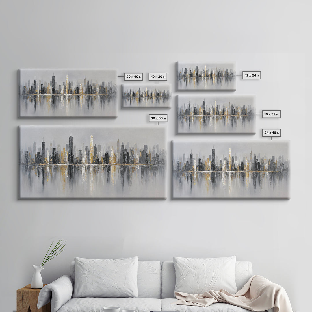 Black and White City Skyline Silhouette Framed Canvas Print, Office Art, Home Decor, Office Decor, Fine Art, Focus, Art Deco, OFF-2x1-25