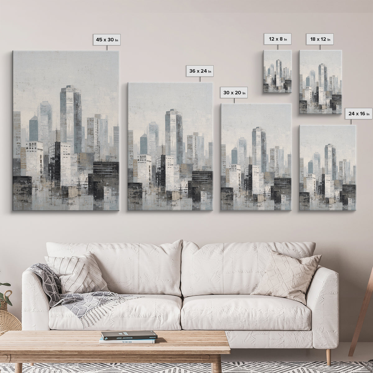 Black and White City Skyline Silhouette Framed Canvas Print, Office Art, Wall Decor, Office Decor, Abstract Art, Focus, OFF-2x3-37