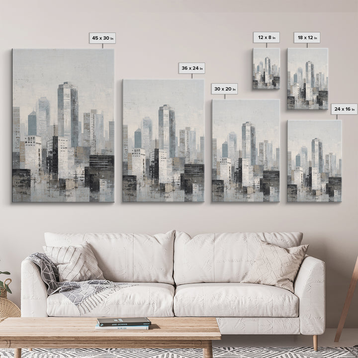 Black and White City Skyline Silhouette Framed Canvas Print, Office Art, Wall Decor, Office Decor, Abstract Art, Focus, OFF-2x3-37