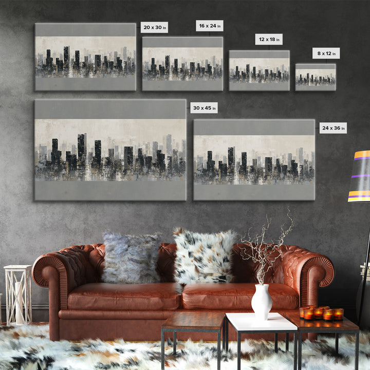Black and White City Skyline Silhouette Framed Canvas Print, Office Art, Canvas Print, Office Decor, Abstract Art, Focus, OFF-3x2-81