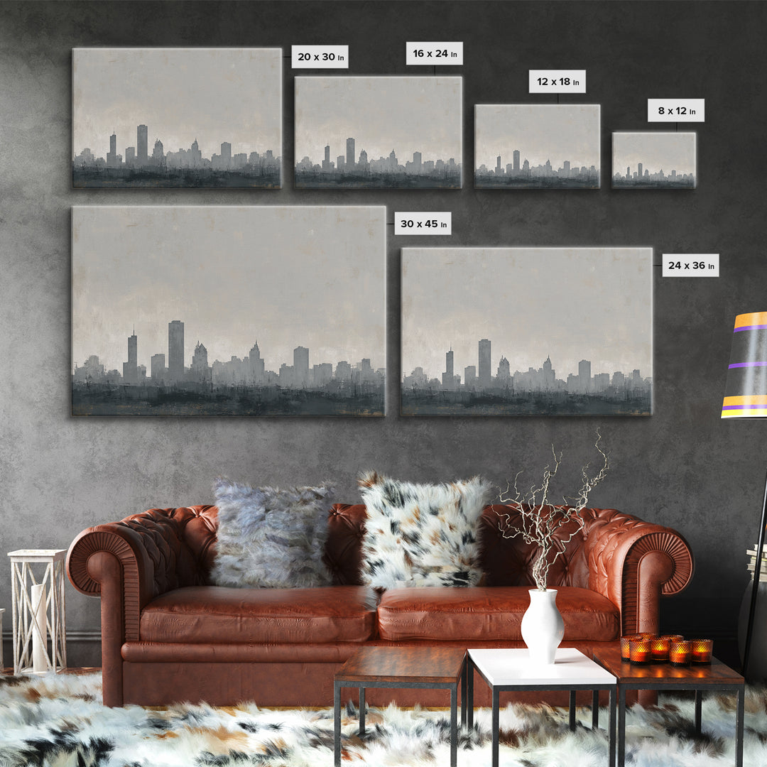 Black and White City Skyline Silhouette Framed Canvas Print, Office Art, Canvas Wall Art, Office Decor, Fine Art, Focus, OFF-3x2-9