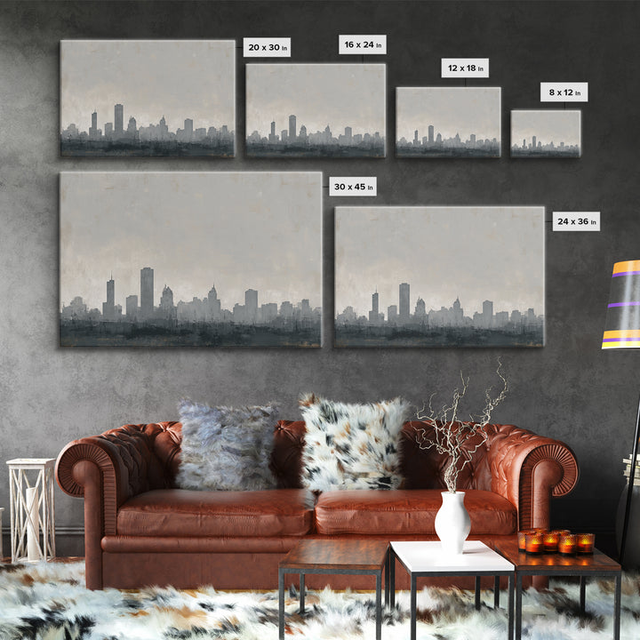 Black and White City Skyline Silhouette Framed Canvas Print, Office Art, Canvas Wall Art, Office Decor, Fine Art, Focus, OFF-3x2-9