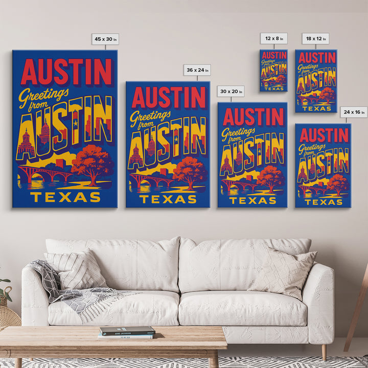 Austin Texas Travel Poster, Canvas Print, Colorful Graphic Wall Art, Austin Art Print, City Illustration, Travel Art Print, Travel Print