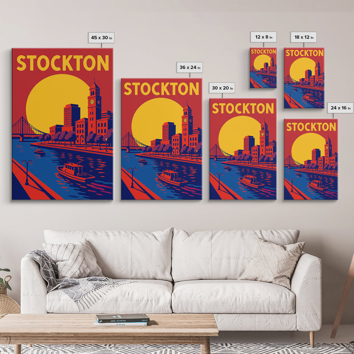 Stockton Travel Poster, Framed Canvas Print, Vibrant Retro Travel Art, Stockton City Art, Vintage City Art, Fine Art Print, Vintage Print