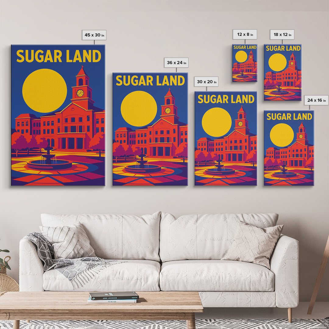 Sugar Land Texas Travel Poster, Framed Canvas Print, Vibrant Retro Travel Art, Sugar Land Art Print, City Art Print, Vintage City Poster