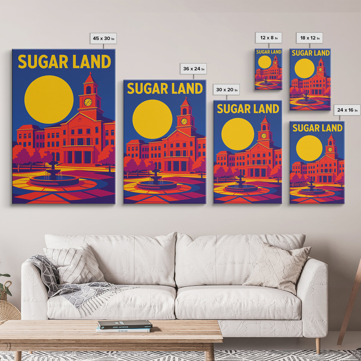 Sugar Land Texas Travel Poster, Framed Canvas Print, Vibrant Retro Travel Art, Sugar Land Art Print, City Art Print, Vintage City Poster