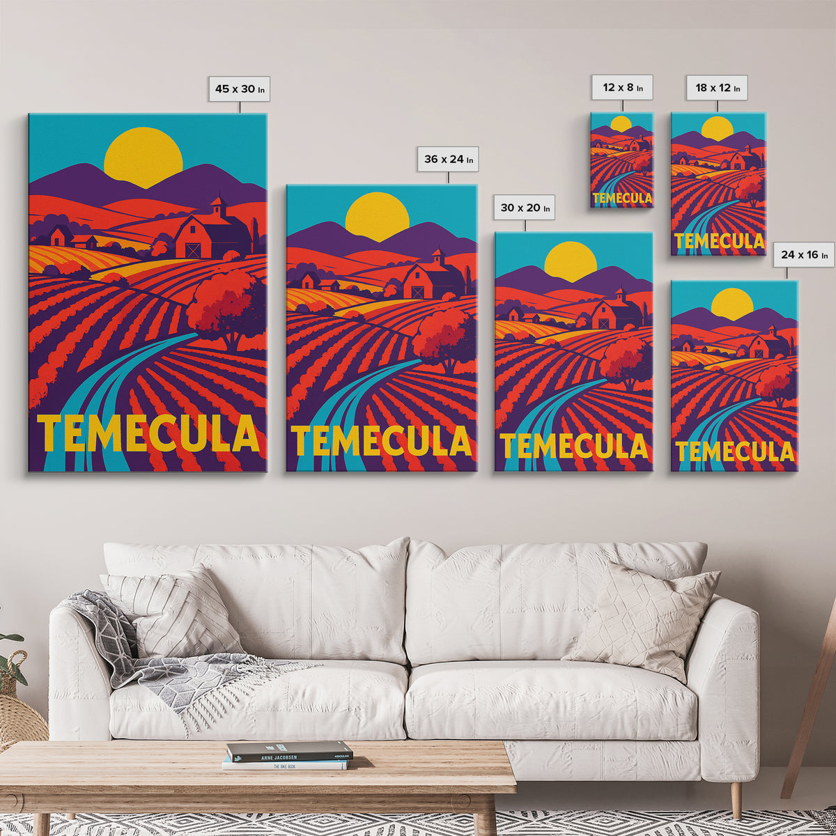 Temecula California Travel Poster, Canvas Print, Vibrant Retro Travel Art, Temecula Poster Print, Modern Wall Decor, Mid Century Wall Art
