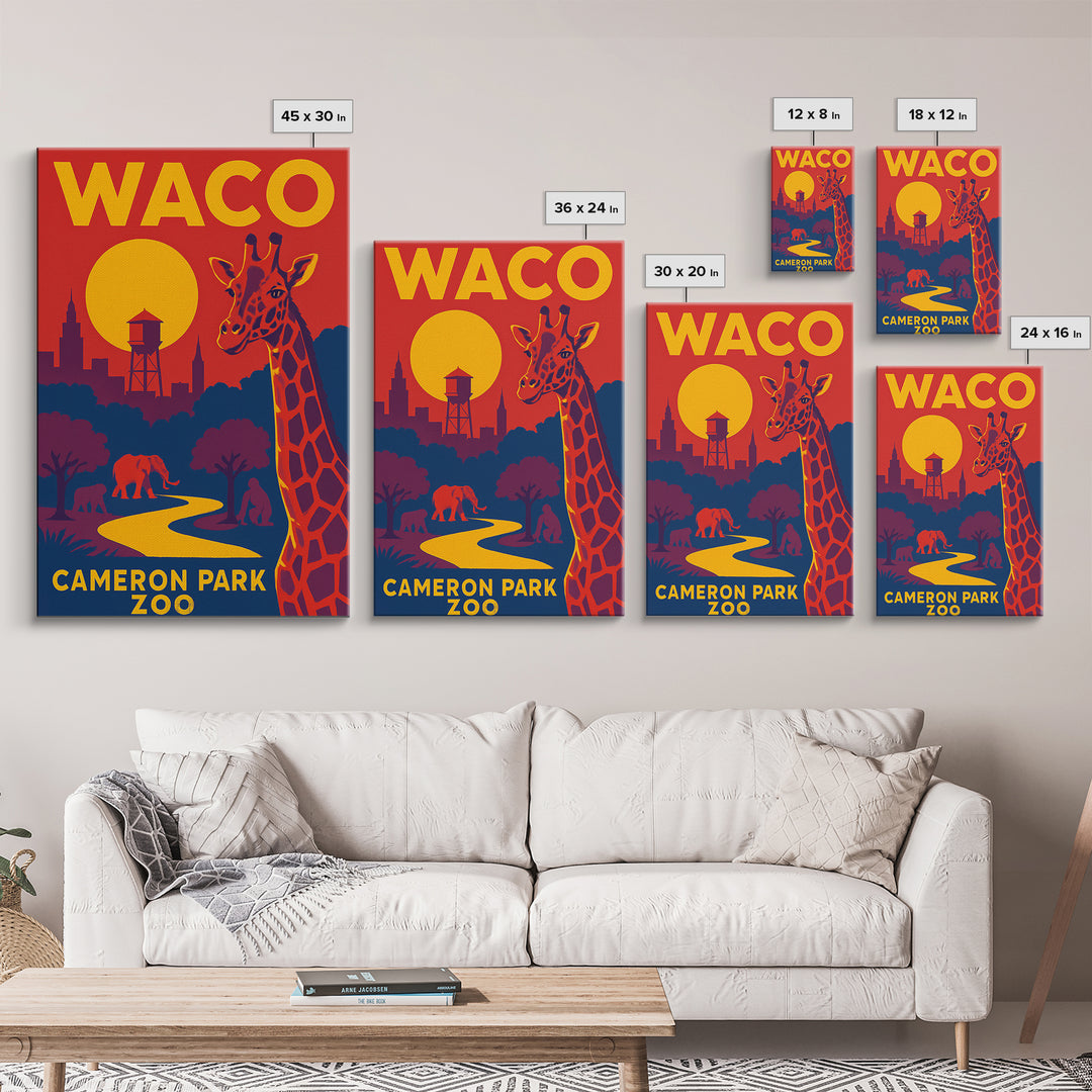 Waco Travel Poster, Framed Canvas Print, Bold Pop Art Poster, Waco Wall Art, Mid Century Wall Art, Retro Travel Print, City Art Print