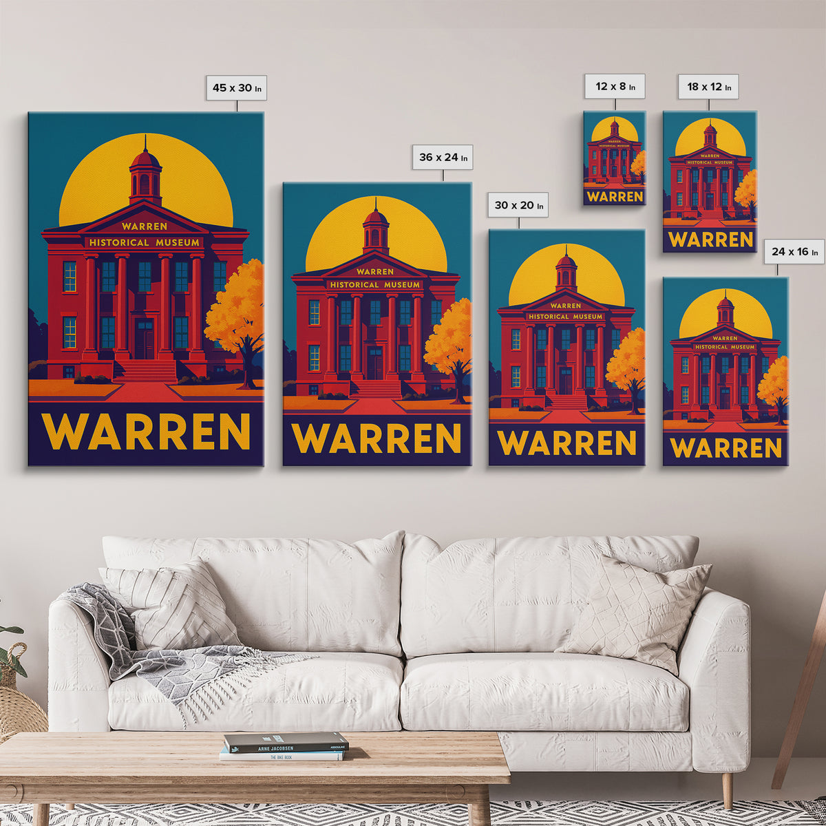 Warren Travel Poster, Framed Canvas Print, Bold Pop Art Poster, Warren Travel Art, City Art Print, Watercolor Skyline Art, City Illustration