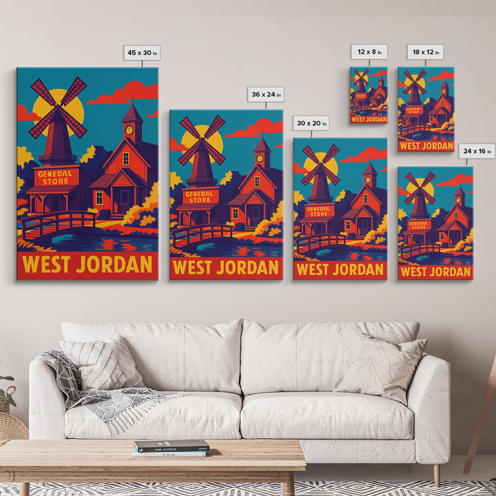 West Jordan Utah Travel Poster, Canvas Print, Vibrant Retro Travel Art, West Jordan City Art, Living Room Wall Art, Vintage City Poster