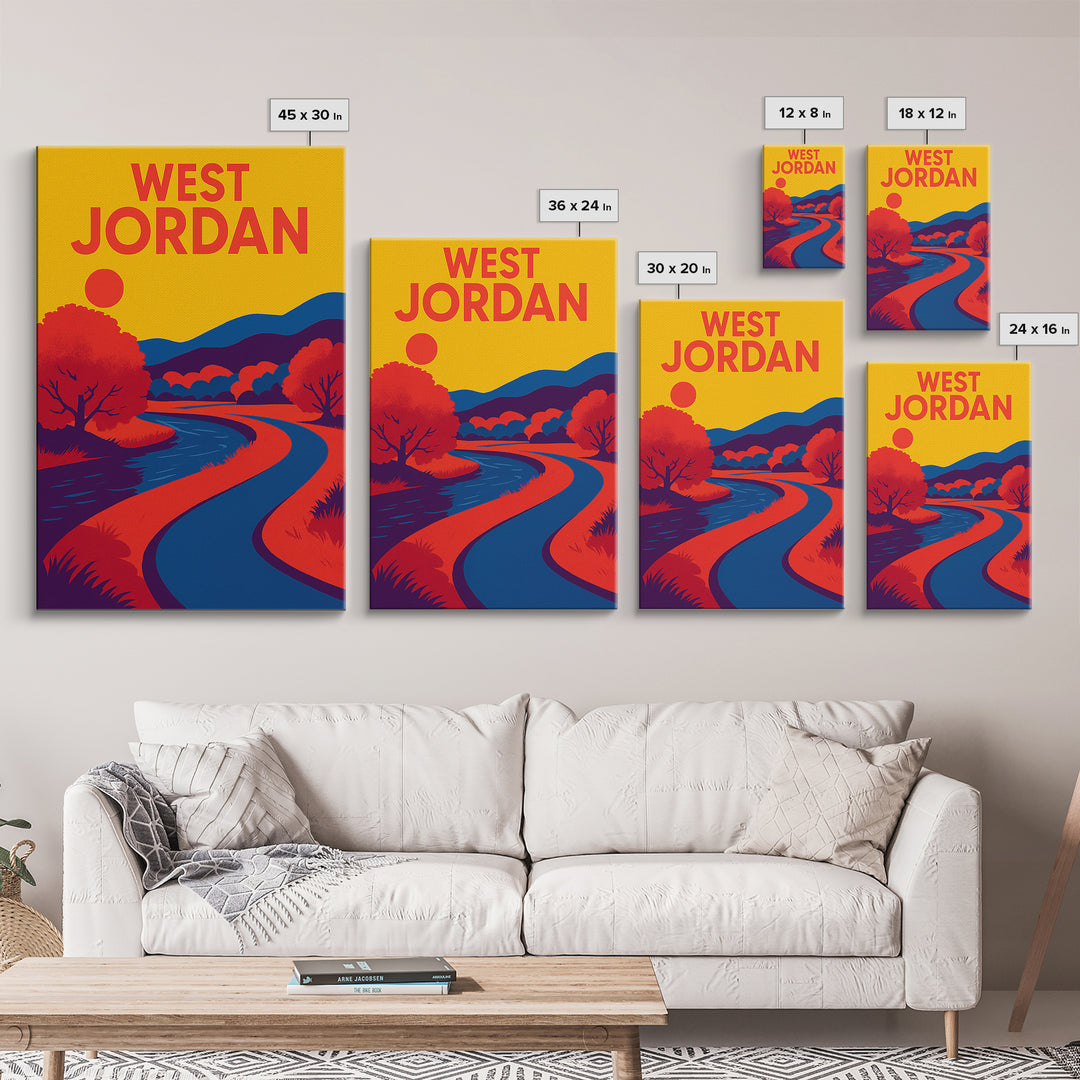 West Jordan Travel Poster, Framed Canvas Print, Bold Pop Art Poster, West Jordan Travel Art, Eclectic Wall Decor, City Illustration