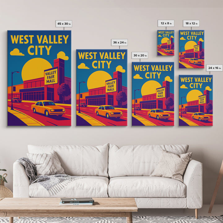 West Valley City Travel Poster, Framed Canvas Print, Vibrant Retro Travel Art, West Valley City Poster Print, Watercolor Cityscape