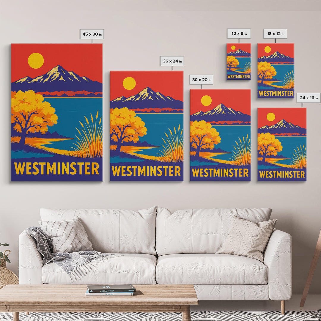 Westminster Travel Poster, Framed Canvas Print, Vibrant Retro Travel Art, Westminster City Art, Wanderlust Decor, City Illustration