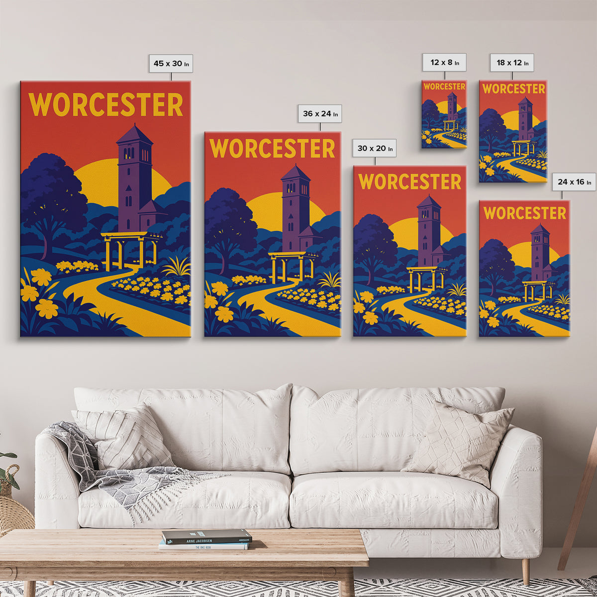 Worcester Travel Poster, Framed Canvas Print, High Contrast City Poster, Worcester Art Print, Wanderlust Decor, Travel Poster Set