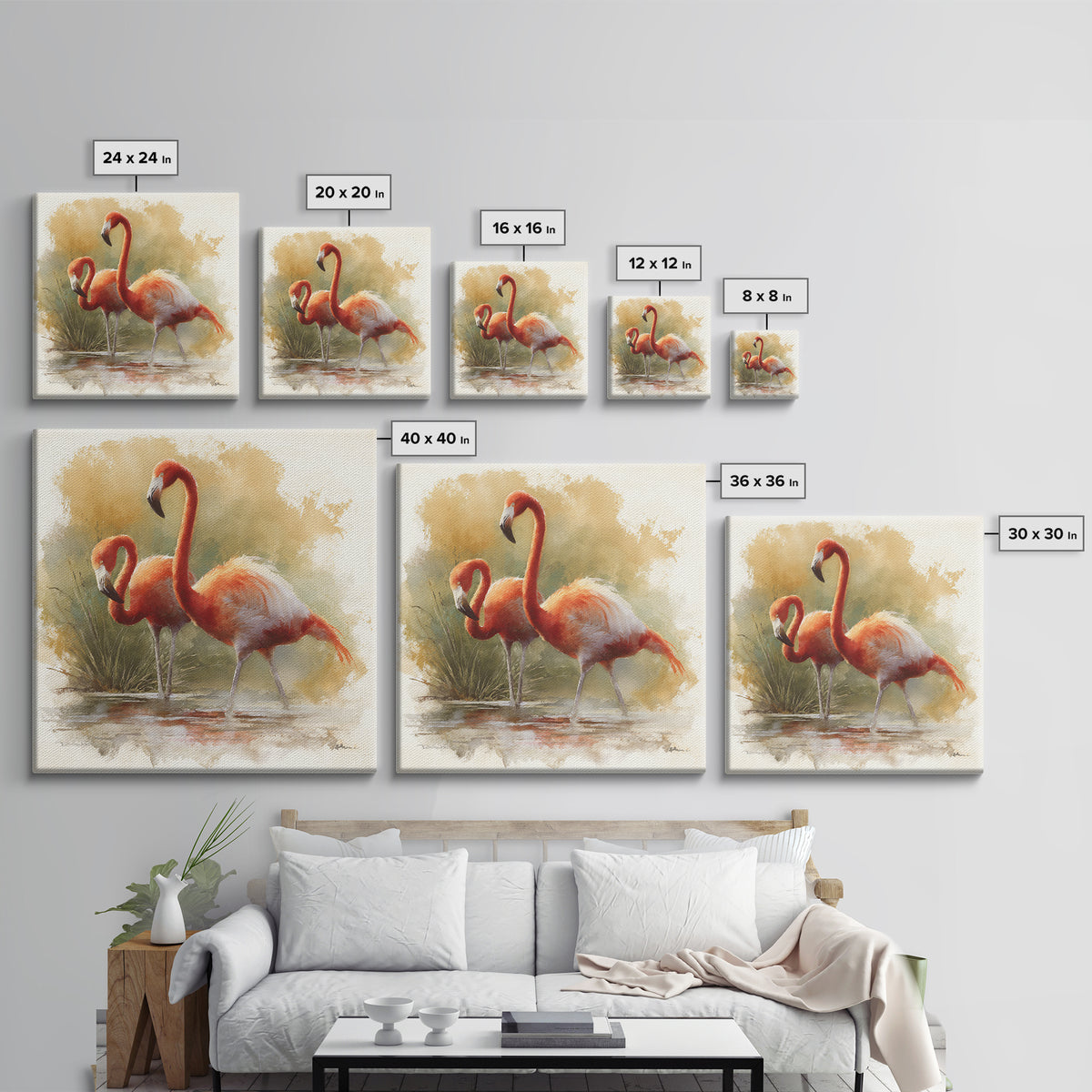 Flamingo Pair Beside Shallow Water Canvas Print, Patio Art, Beach House Decor, Patio Decor, Fine Art, Outdoor, Modern Decor, PAT-1x1-10