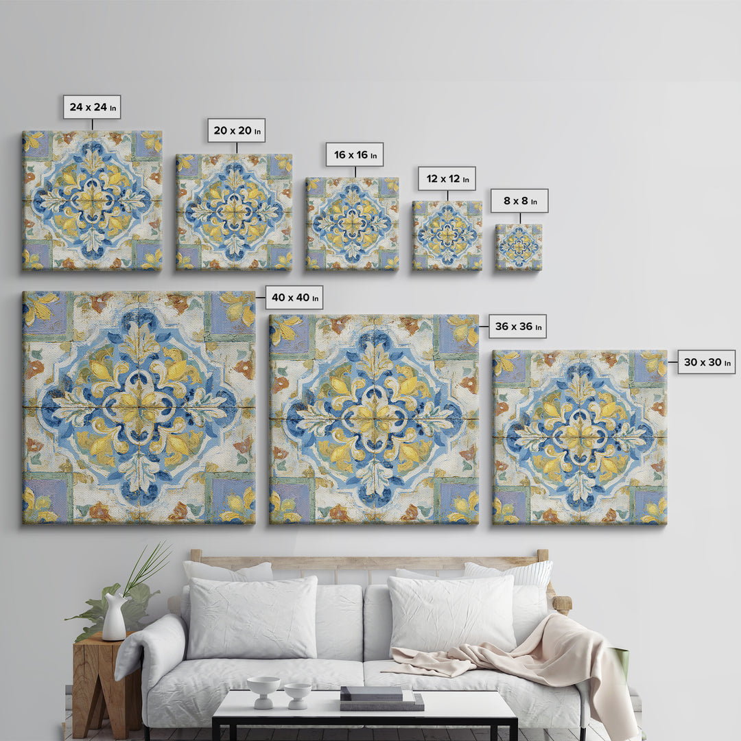 Mediterranean Lemons and Blue Tile Pattern Framed Canvas Print, Patio Art, Patio Decor, Fine Art, Outdoor, Gallery Decor, PAT-1x1-2