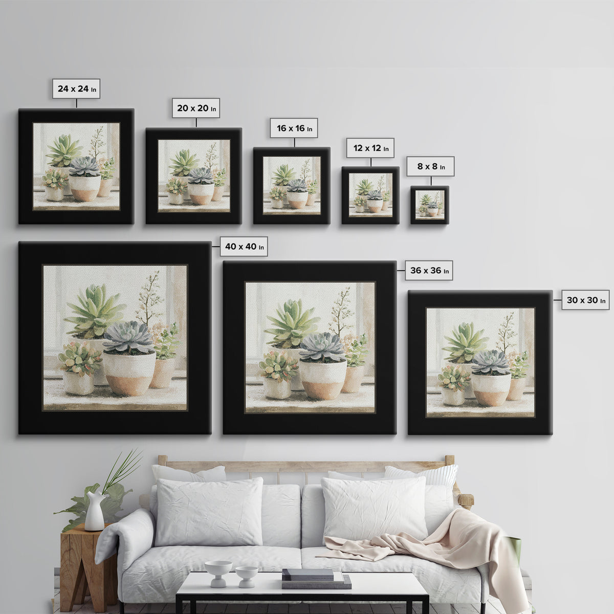 Succulent Collection in Ceramic Planters Framed Canvas Print, Patio Art, Mixed Media Art, Patio Decor, Fine Art, Outdoor, PAT-1x1-21