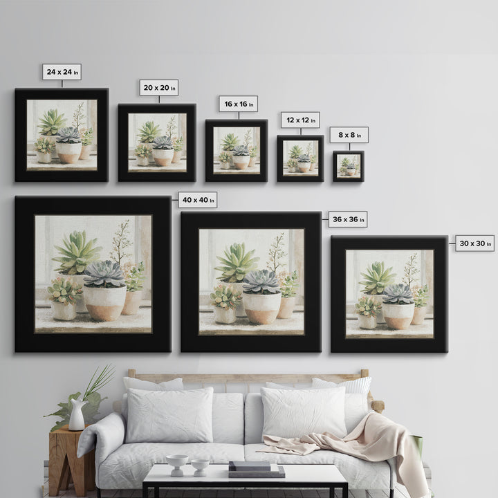 Succulent Collection in Ceramic Planters Framed Canvas Print, Patio Art, Mixed Media Art, Patio Decor, Fine Art, Outdoor, PAT-1x1-21