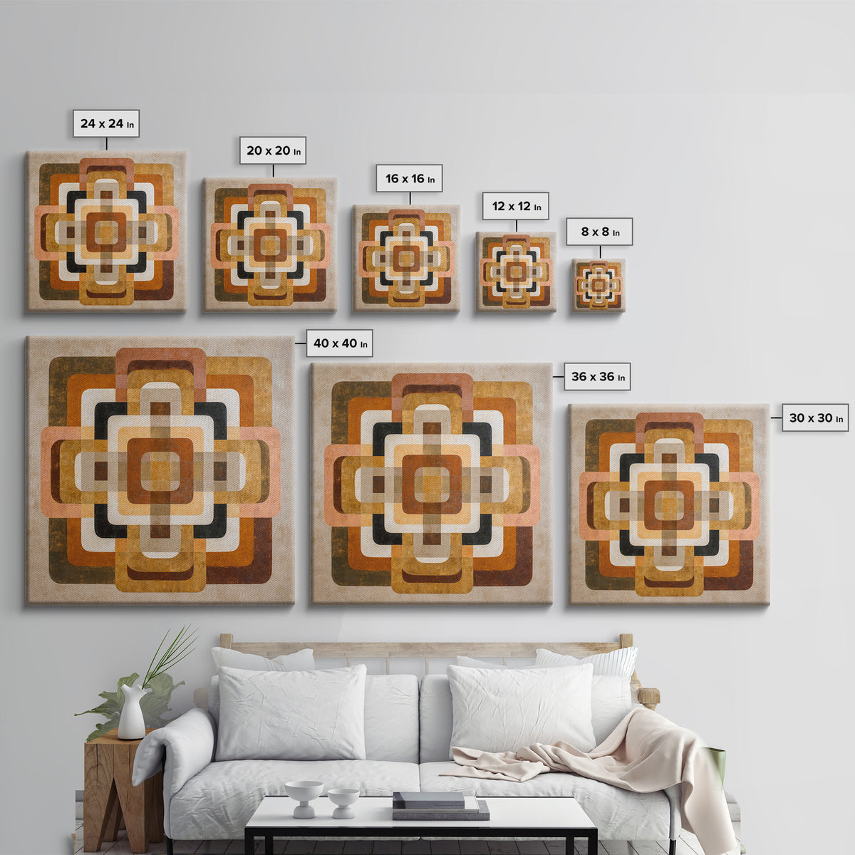 Warm Geometric Tile Pattern Framed Canvas Print, Patio Art, Lake House Decor, Patio Decor, Abstract Art, Outdoor, Boho Decor, PAT-1x1-24