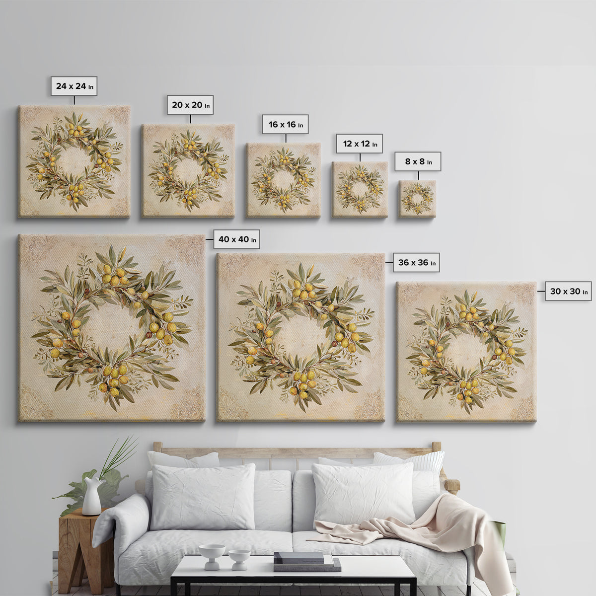Olive Branch Wreath on Warm Plaster Framed Canvas Print, Patio Art, Statement Artwork, Patio Decor, Fine Art, Outdoor, PAT-1x1-33