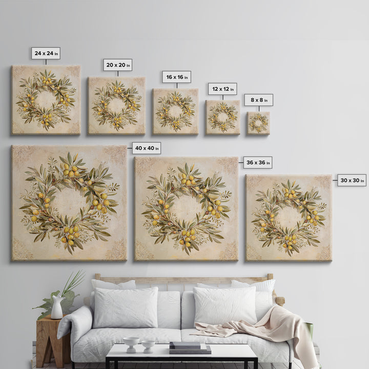 Olive Branch Wreath on Warm Plaster Framed Canvas Print, Patio Art, Statement Artwork, Patio Decor, Fine Art, Outdoor, PAT-1x1-33