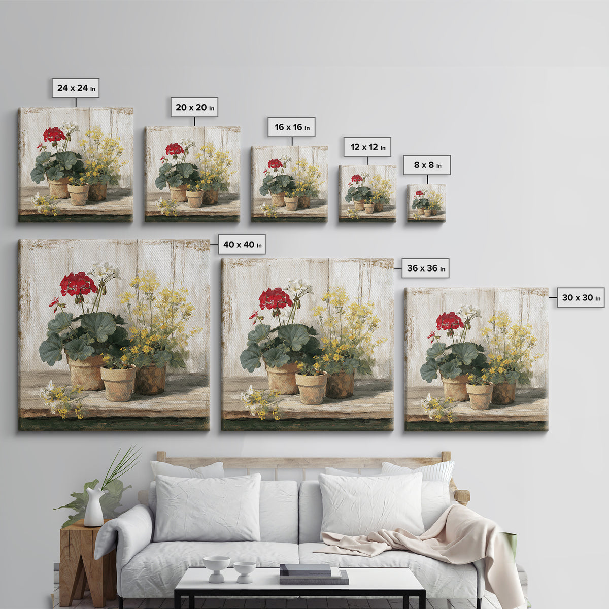 Potted Geraniums in Rustic Clay Pots Framed Canvas Print, Patio Art, Family Wall Art, Patio Decor, Fine Art, Outdoor, PAT-1x1-38