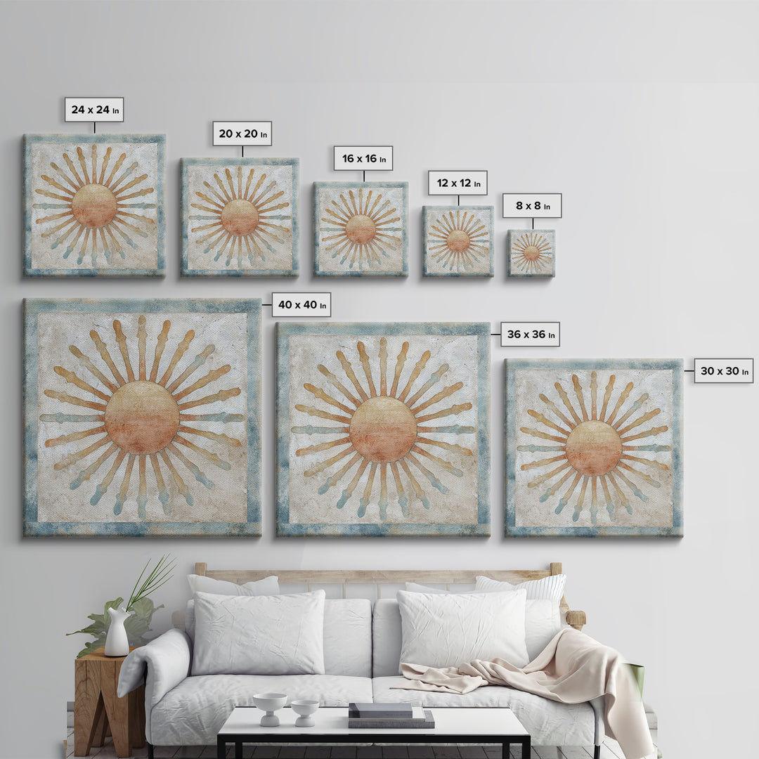 Sun Motif with Warm Terracotta Rays Framed Canvas Print, Patio Art, Floral Art, Patio Decor, Abstract Art, Outdoor, PAT-1x1-42