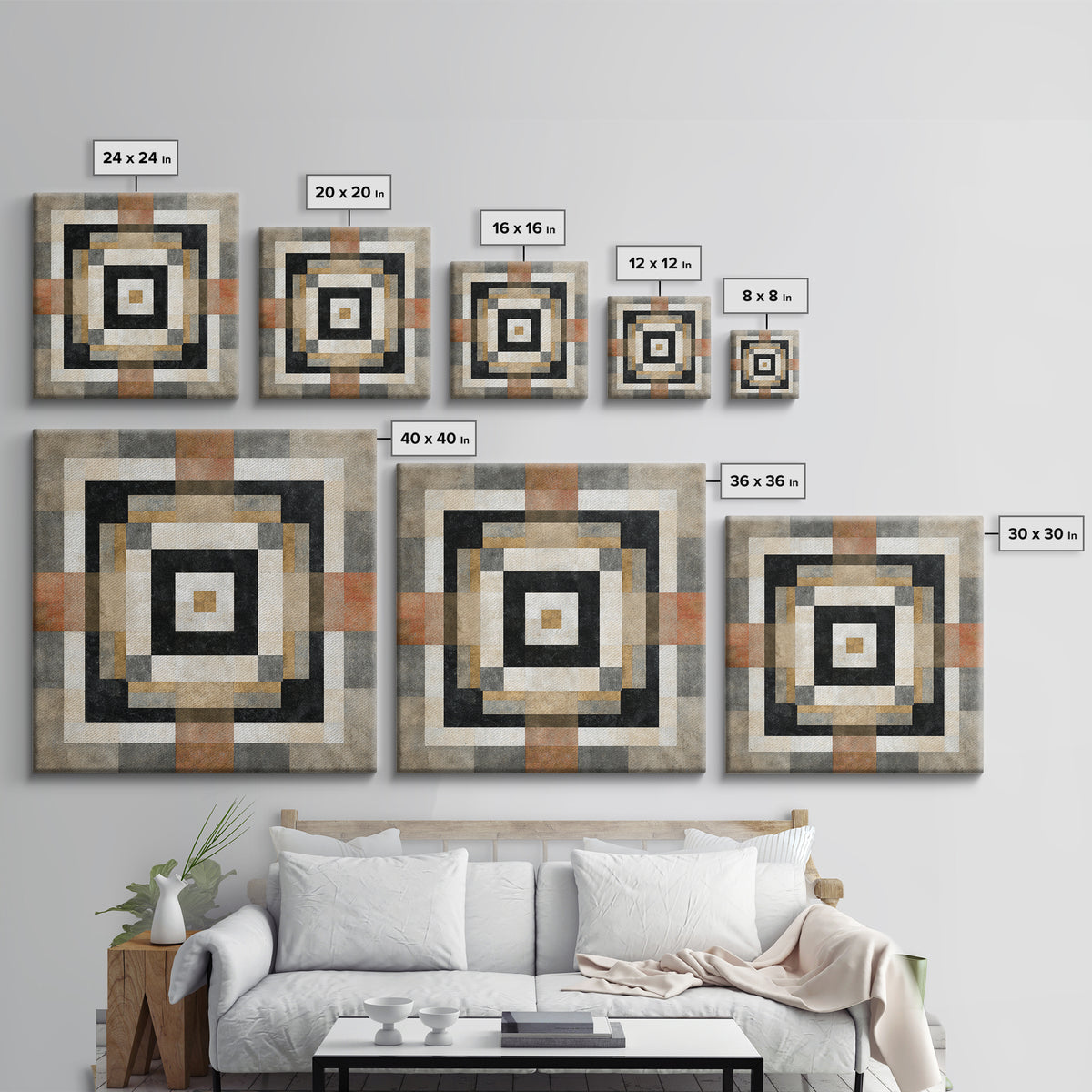 Warm Geometric Tile Pattern Framed Canvas Print, Patio Art, Wall Decor, Patio Decor, Fine Art, Outdoor, Coastal Decor, PAT-1x1-48