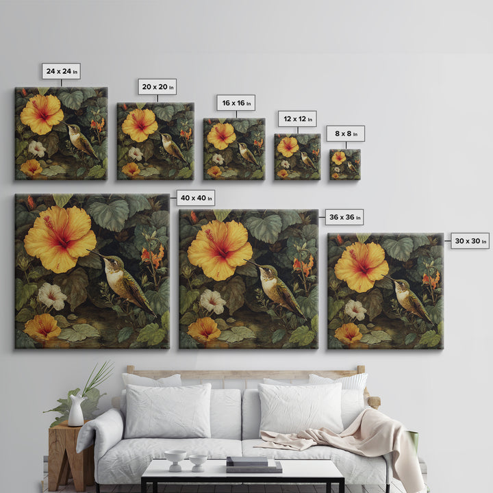 Hummingbird Visiting Bright Hibiscus Framed Canvas Print, Patio Art, Family Wall Art, Patio Decor, Oil Painting, Outdoor, PAT-1x1-51
