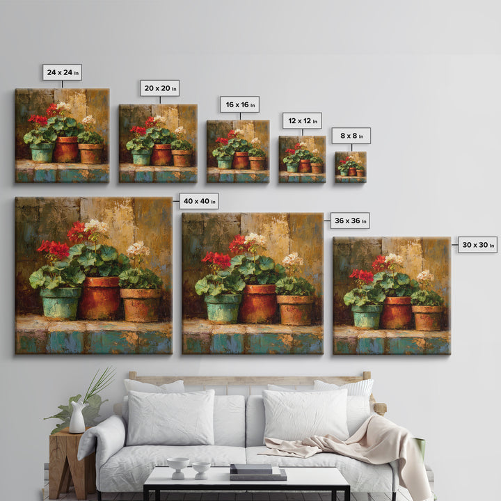 Potted Geraniums in Rustic Clay Pots Framed Canvas Print, Patio Art, Family Wall Art, Patio Decor, Fine Art, Outdoor, PAT-1x1-62