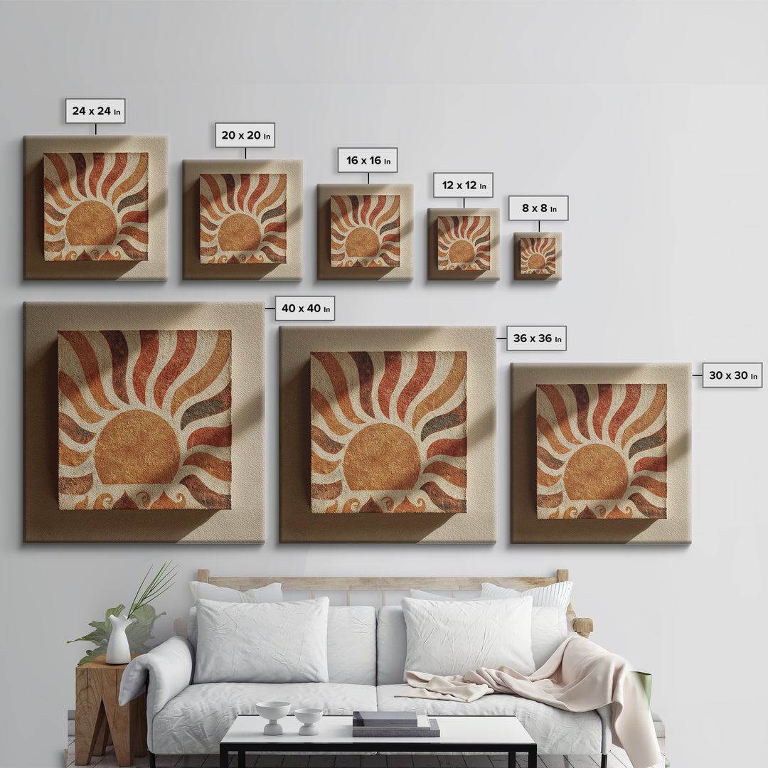 Sun Motif with Warm Terracotta Rays Framed Canvas Print, Patio Art, Floral Art, Patio Decor, Abstract Art, Outdoor, PAT-1x1-66