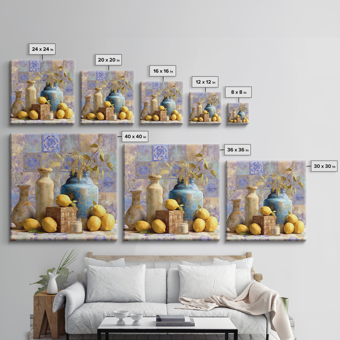 Mediterranean Lemons and Blue Tile Pattern Framed Canvas Print, Patio Art, Patio, Patio Decor, Outdoor, Minimalist Decor, PAT-1x1-74