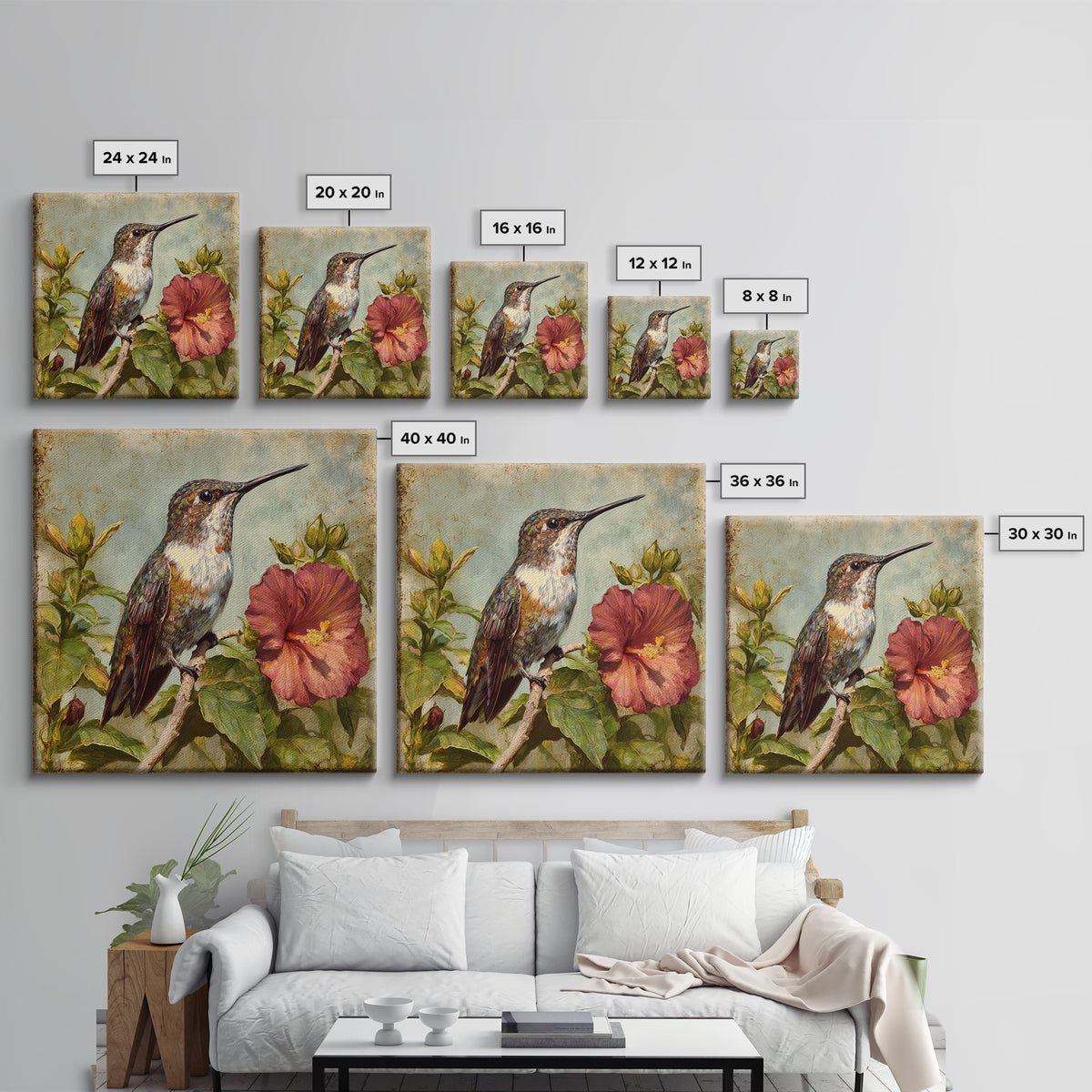 Hummingbird Visiting Bright Hibiscus Canvas Print, Patio Art, Modern Decor, Patio Decor, Fine Art, Outdoor, Home Decor, PAT-1x1-75