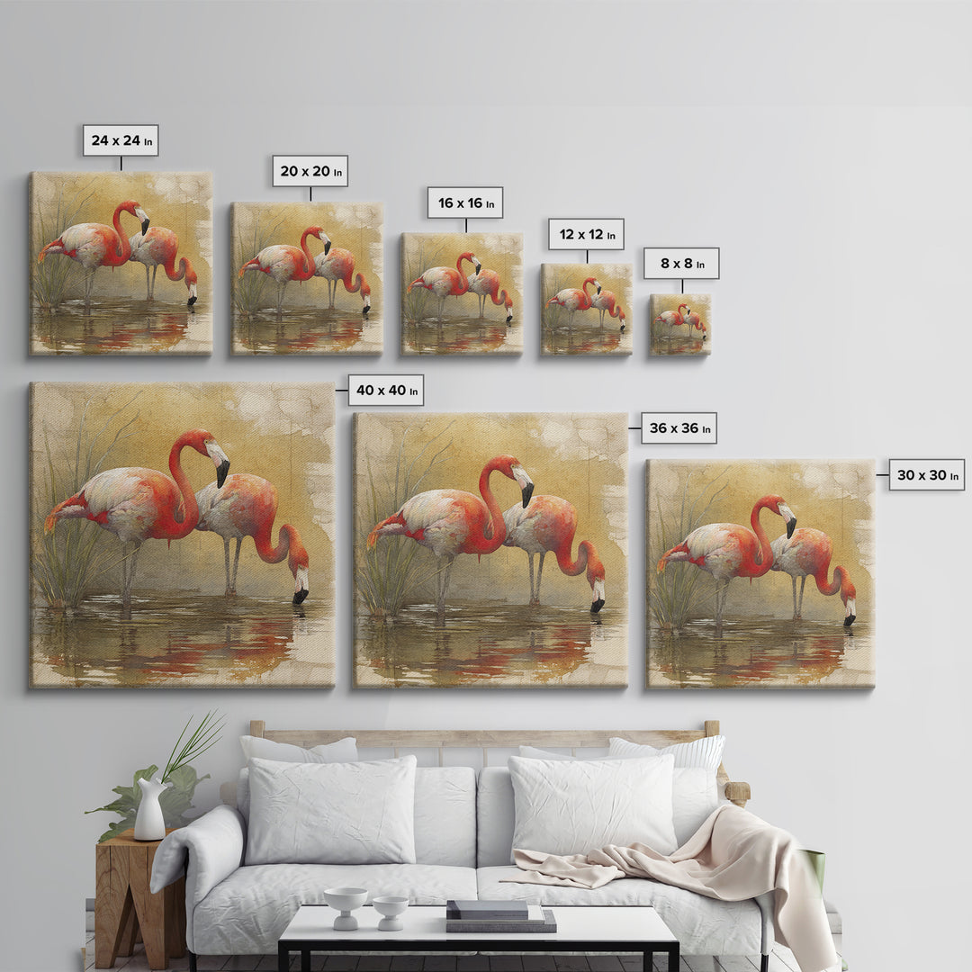 Flamingo Pair Beside Shallow Water Canvas Print, Patio Art, Neutral Decor, Patio Decor, Oil Painting, Outdoor, Wall Art, PAT-1x1-82