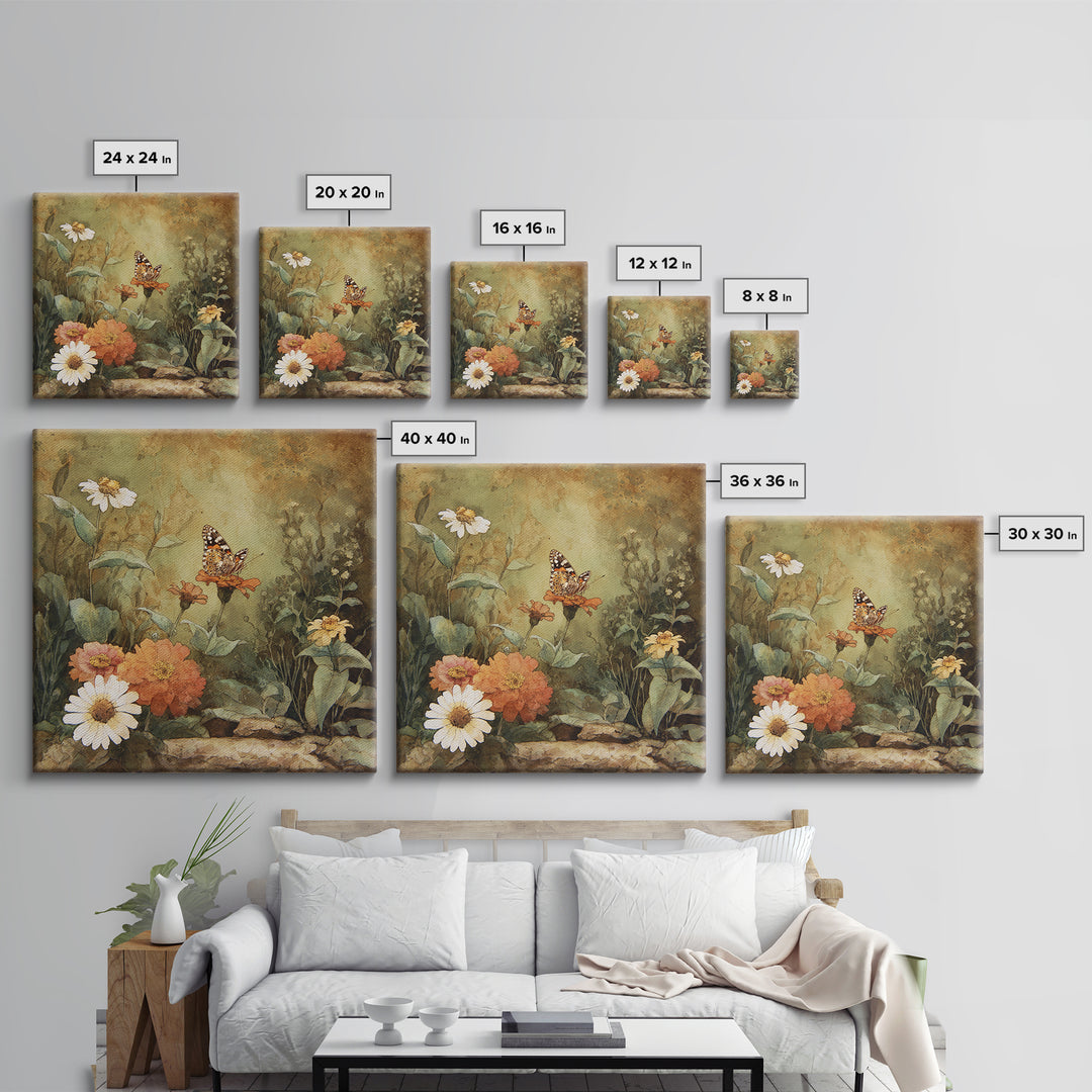 Butterfly Garden with Zinnias and Daisies Canvas Print, Patio Art, Boho Decor, Patio Decor, Oil Painting, Outdoor, PAT-1x1-85