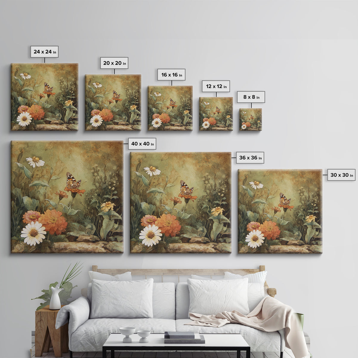 Butterfly Garden with Zinnias and Daisies Canvas Print, Patio Art, Boho Decor, Patio Decor, Oil Painting, Outdoor, PAT-1x1-85