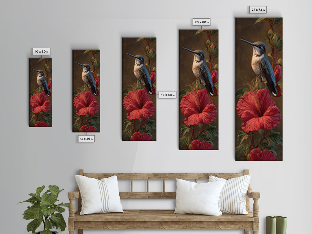 Hummingbird Visiting Bright Hibiscus Framed Canvas Print, Patio Art, Patio Decor, Abstract Art, Outdoor, Floral Wall Art, PAT-1x3-15