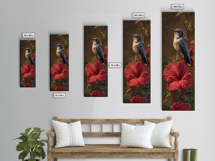 Hummingbird Visiting Bright Hibiscus Framed Canvas Print, Patio Art, Patio Decor, Abstract Art, Outdoor, Floral Wall Art, PAT-1x3-15