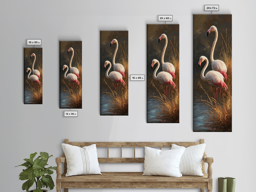 Flamingo Pair Beside Shallow Water Framed Canvas Print, Patio Art, Rustic Decor, Patio Decor, Fine Art, Outdoor, PAT-1x3-46